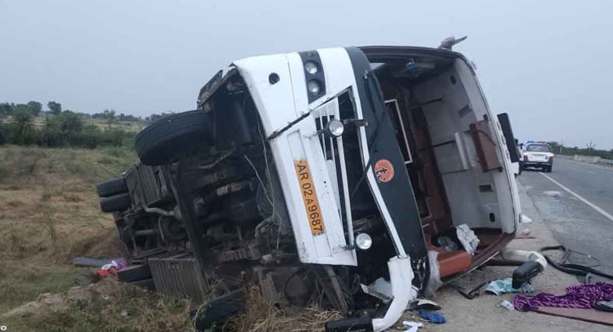 Telangana: Volvo bus hits buffalo, overturns in Narayanpet