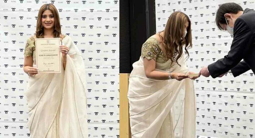 Charmi Jhaveri looks outstanding in a white Saree at the official Kobe PR Ambassador ceremony