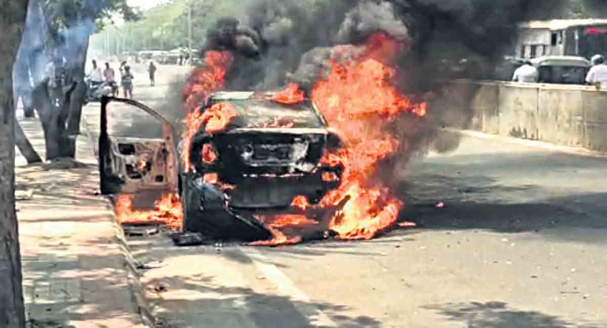 Hyderabad: Moving car catches fire near Hitec City